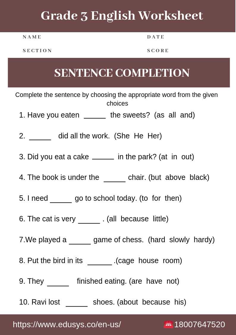 english worksheet for class3