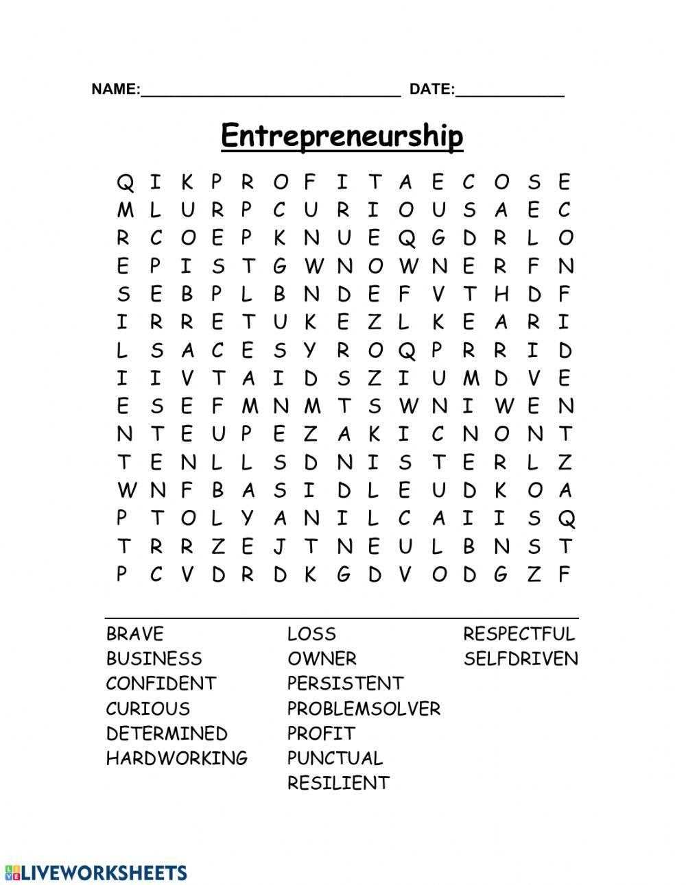 entrepreneurship worksheets