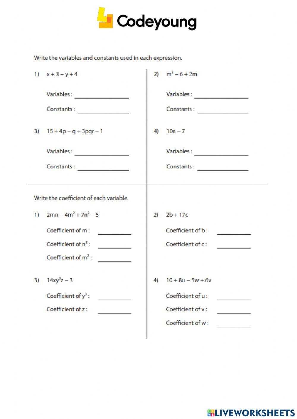 equating coefficients worksheet