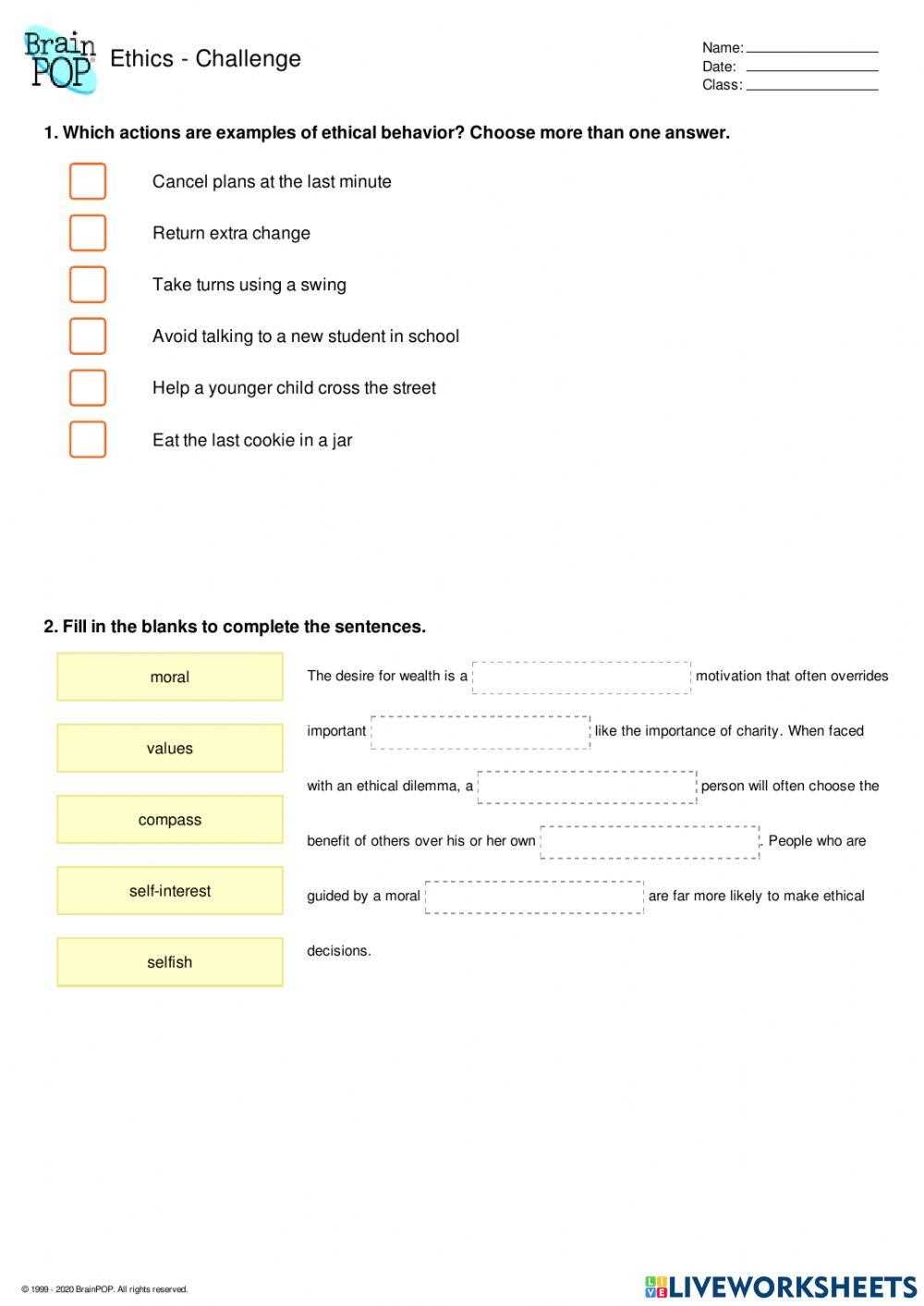 ethical behavior worksheet