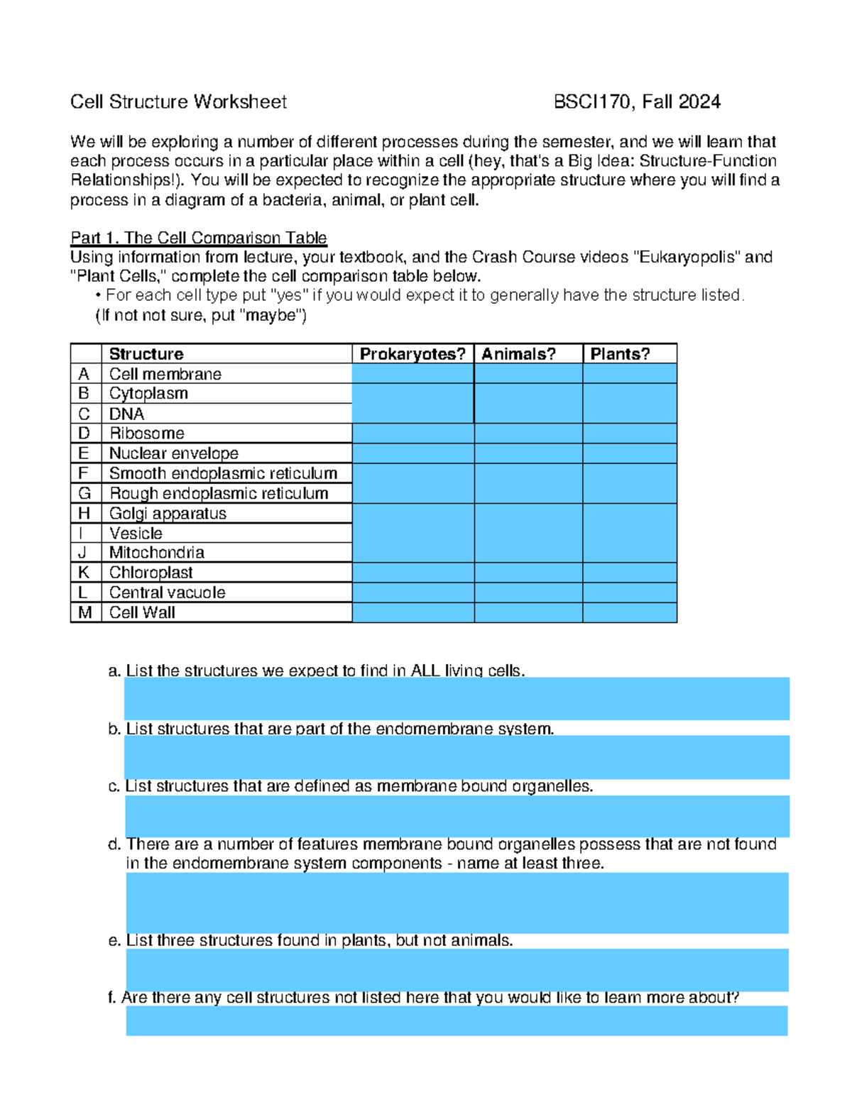eukaryopolis worksheet