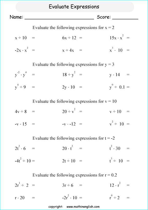 evaluate algebraic expressions worksheet grade 6