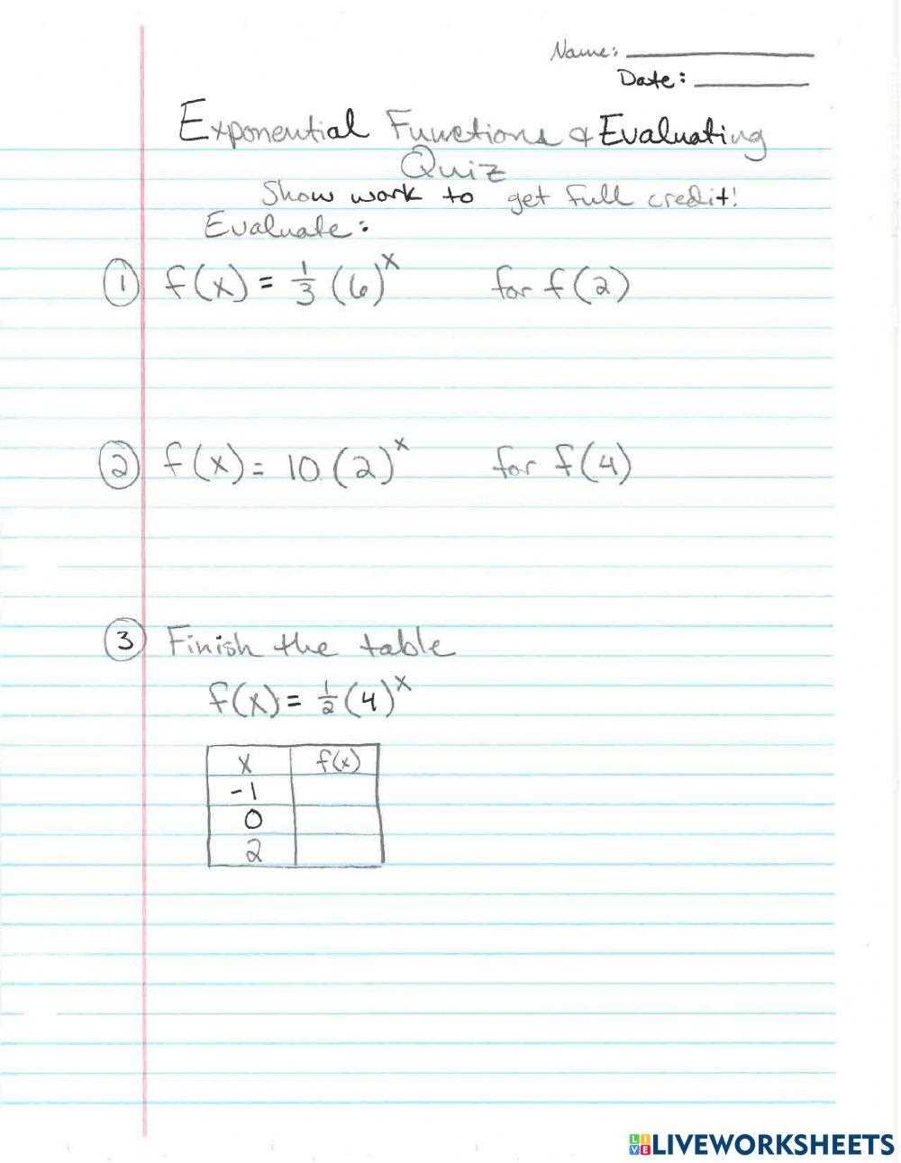 evaluate exponential functions worksheet