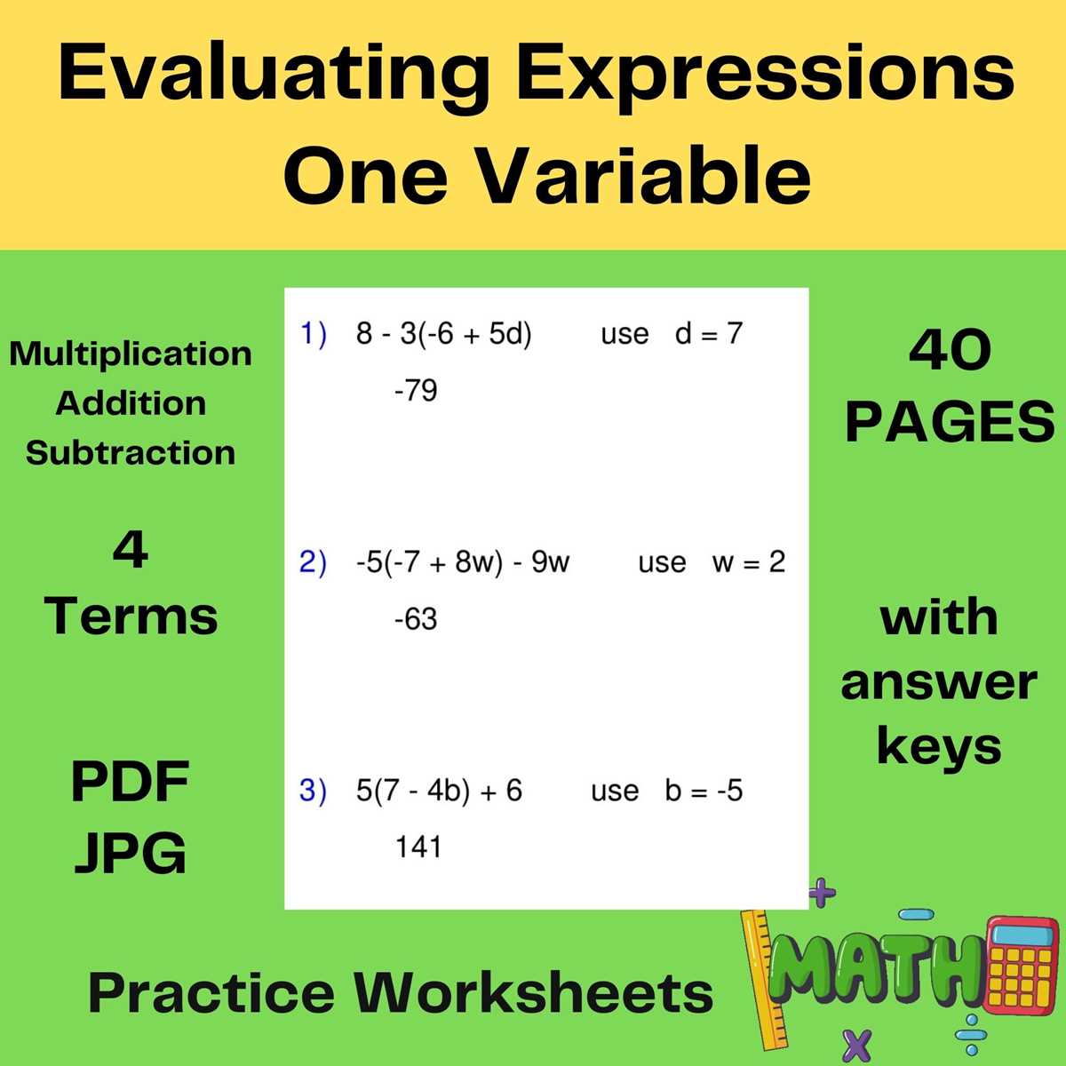 evaluating expressions worksheet algebra 1