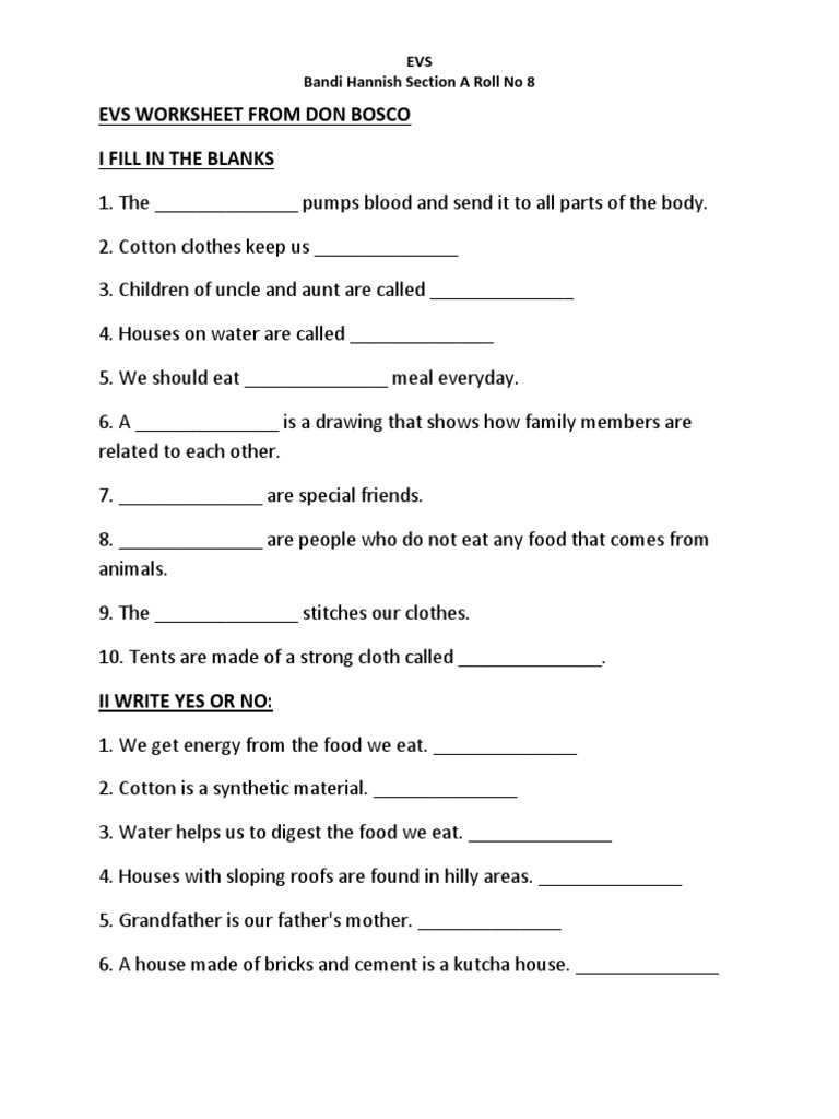 evs worksheets for class 2 on food