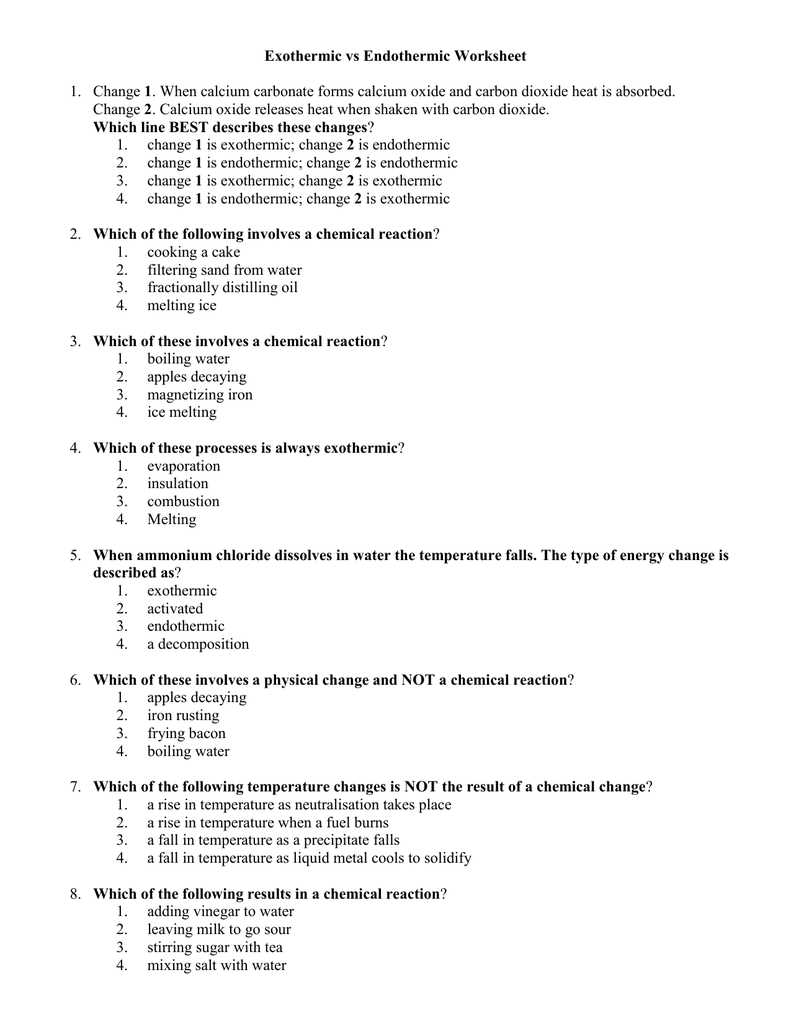 exothermic and endothermic reactions worksheet