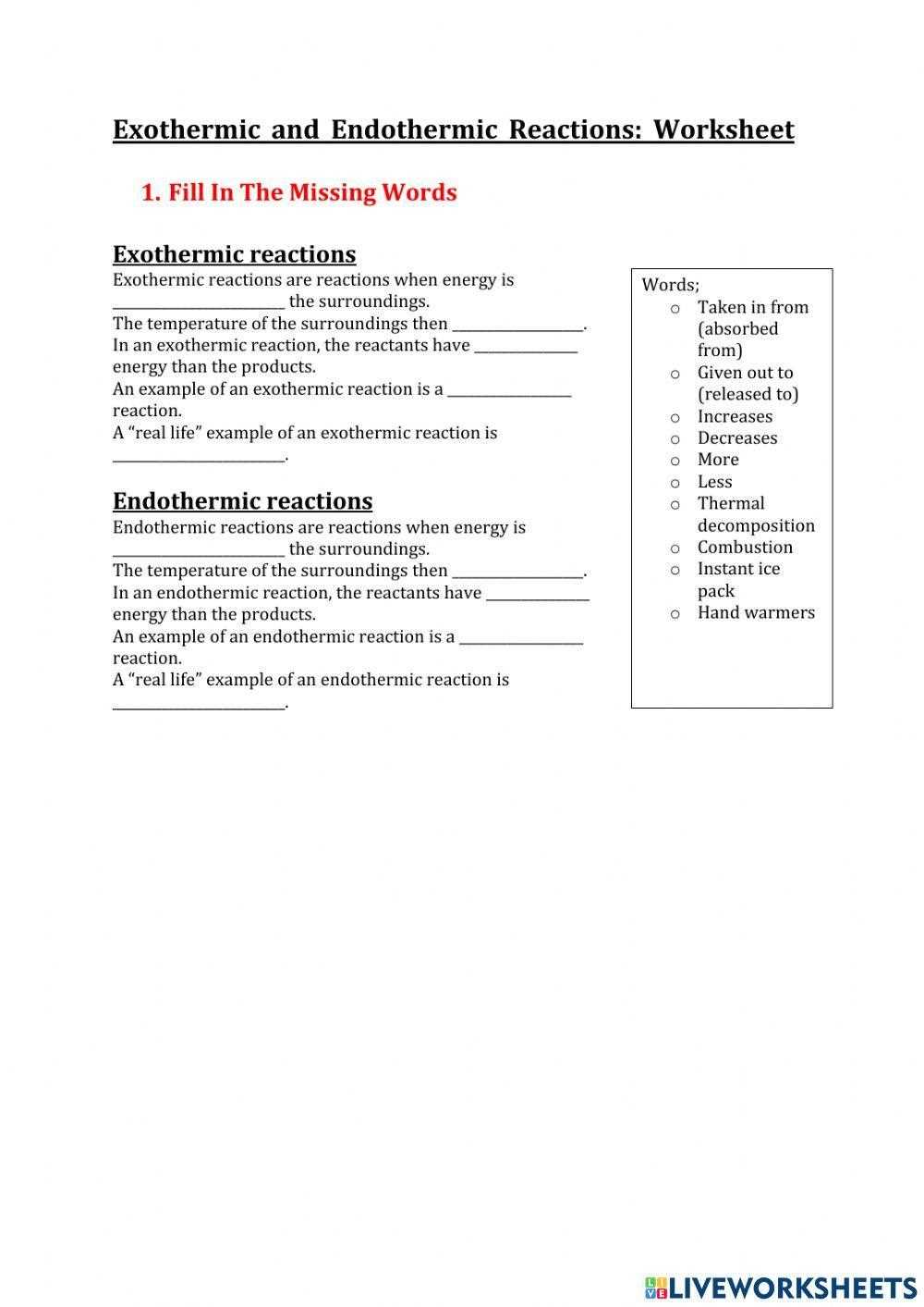 exothermic and endothermic reactions worksheet