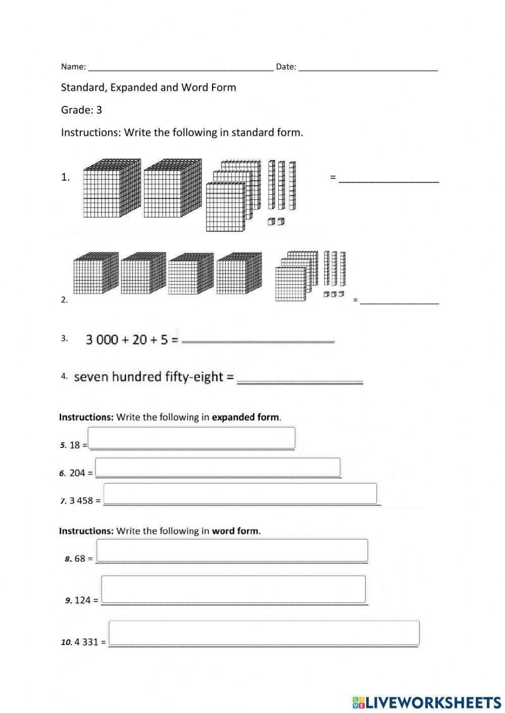 expanded form word form standard form worksheets expanded form word form standard form worksheets