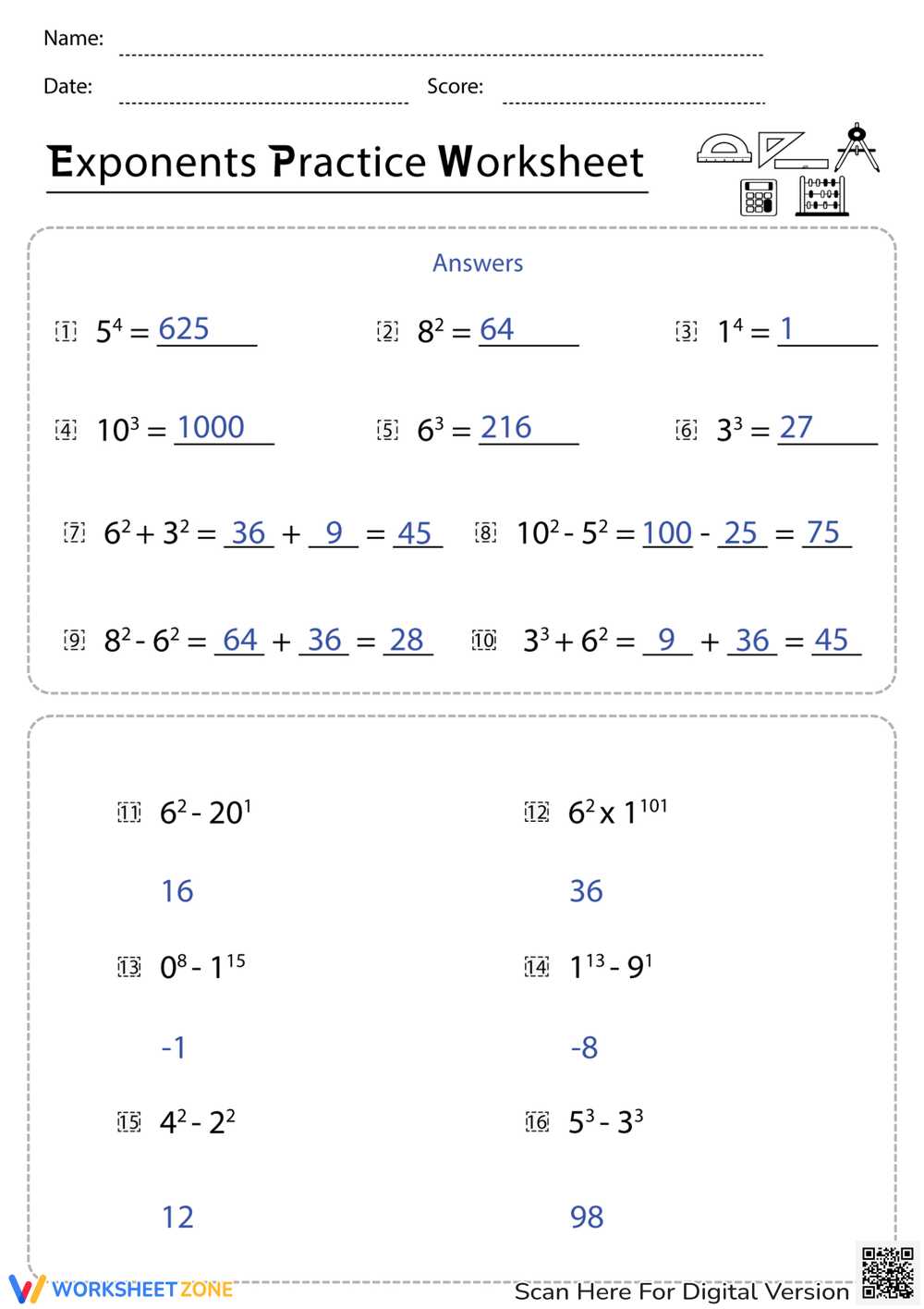 exponent rules review multiplication worksheet
