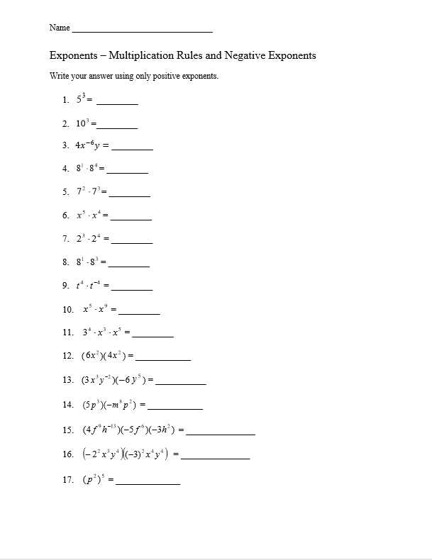 exponent rules review multiplication worksheet