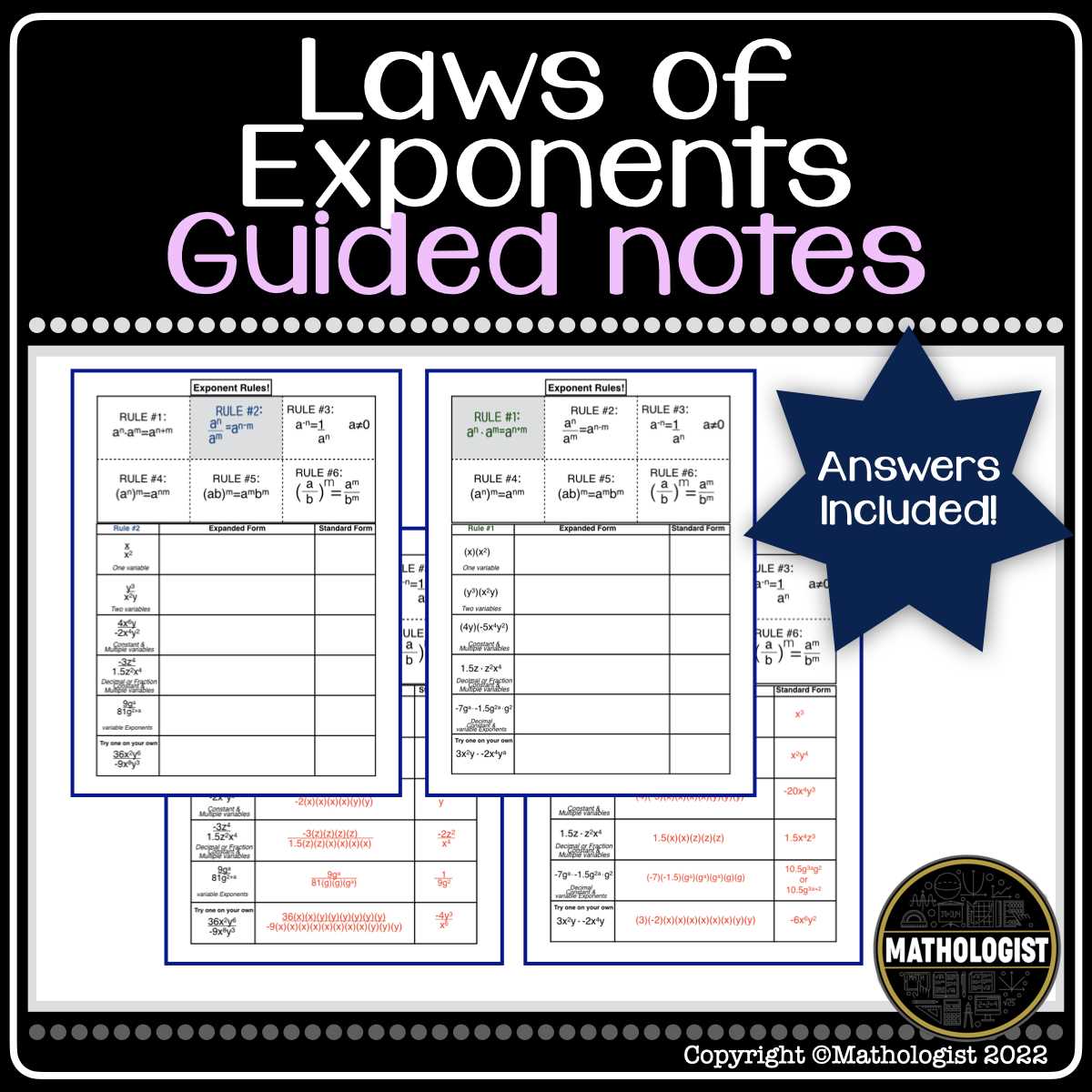 exponent rules review worksheet