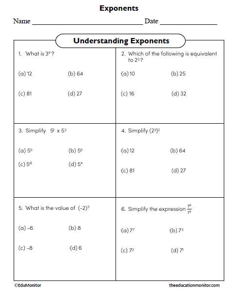 exponent worksheets 8th grade