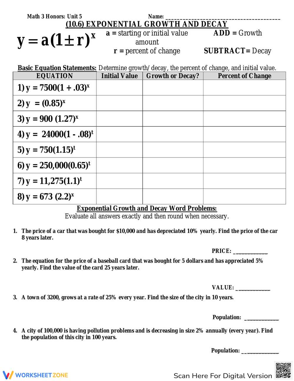 exponential equations word problems worksheet