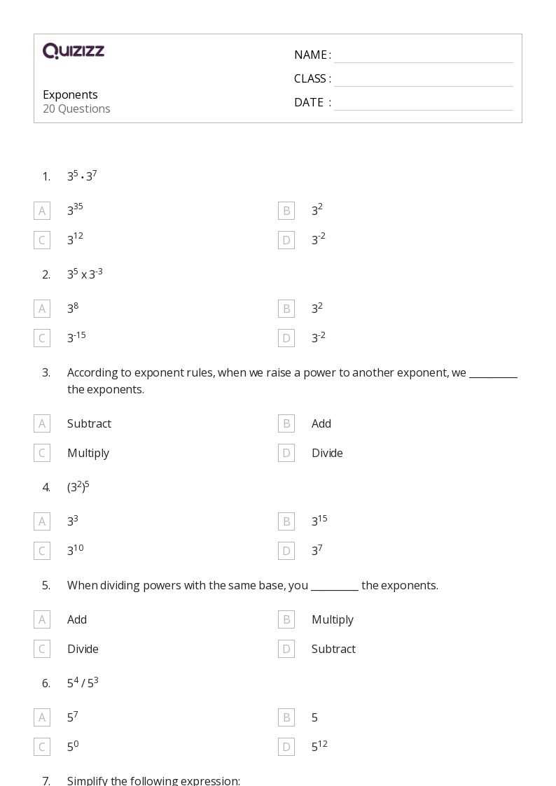 exponents and powers worksheet for class 8