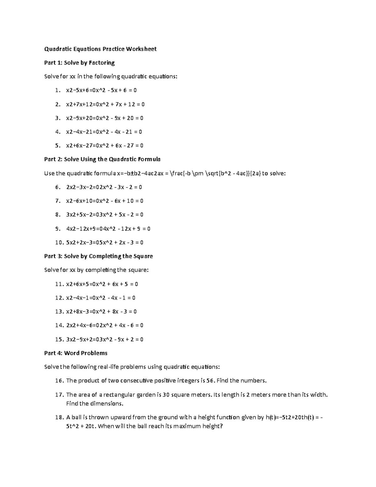 factor quadratic equations worksheet