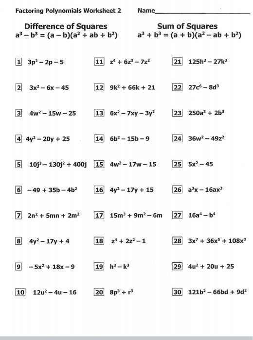 factoring of polynomials worksheet