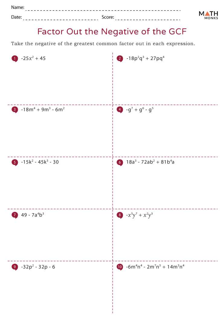 factoring out a gcf worksheet factoring out a gcf worksheet