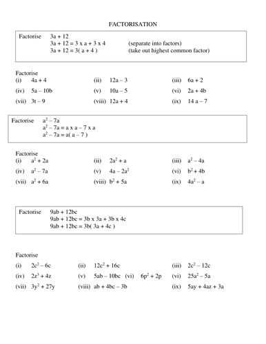 factorisation of algebraic expressions class 7 worksheet