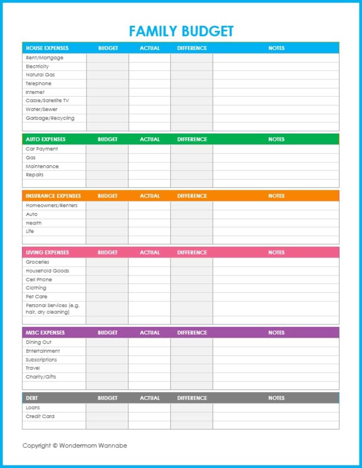 family finances worksheet
