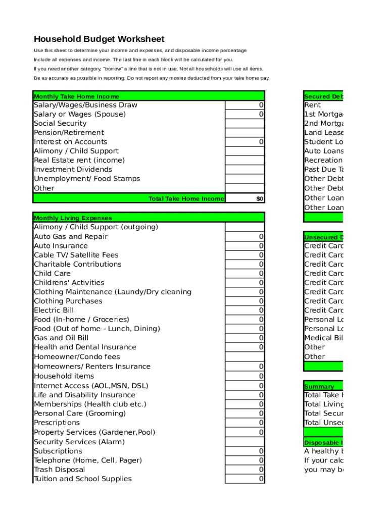 family finances worksheet