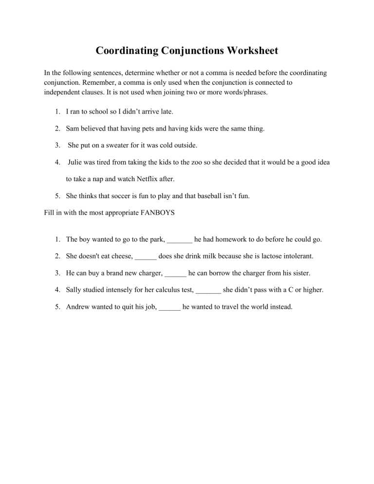 fanboys worksheet grade 4