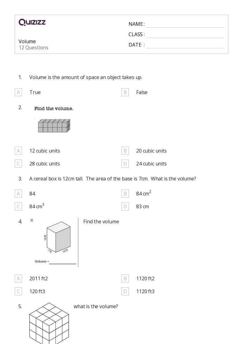 fifth grade volume worksheets