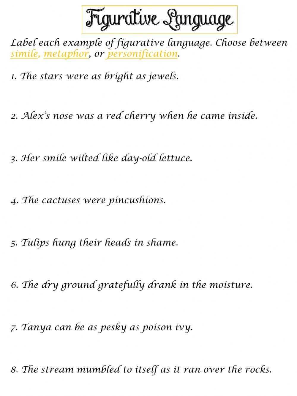 figurative language worksheets middle school