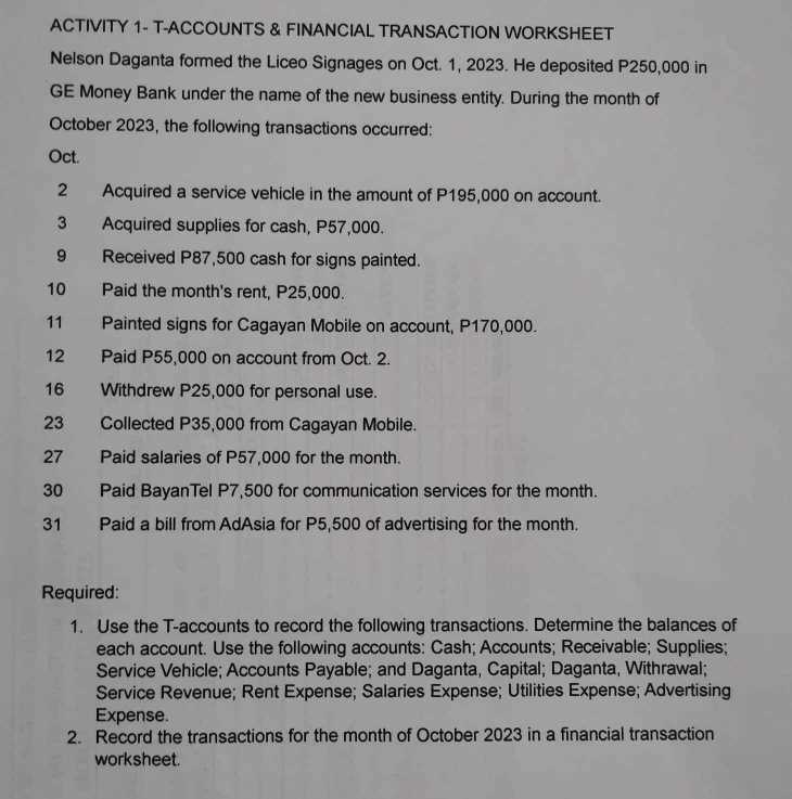 financial transaction worksheet sample problems