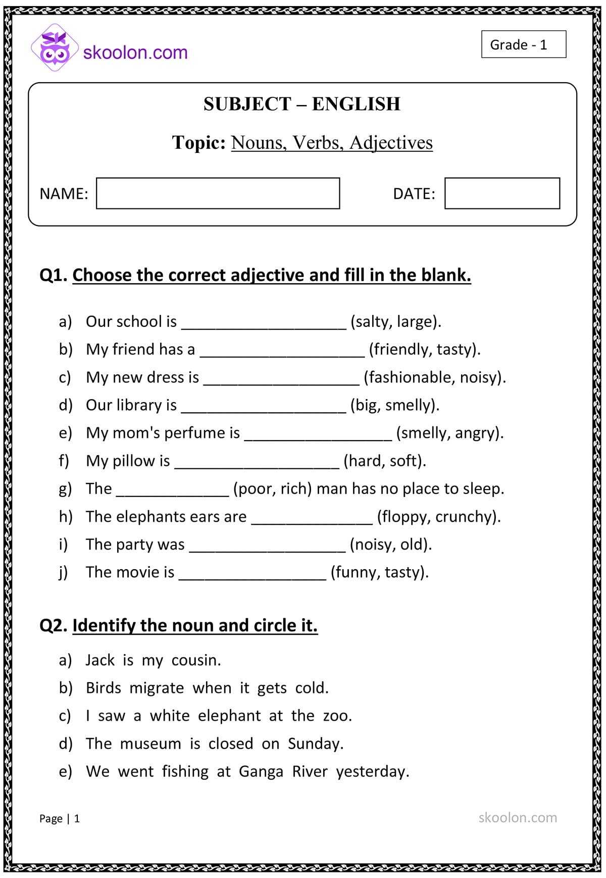 find nouns and verbs worksheet