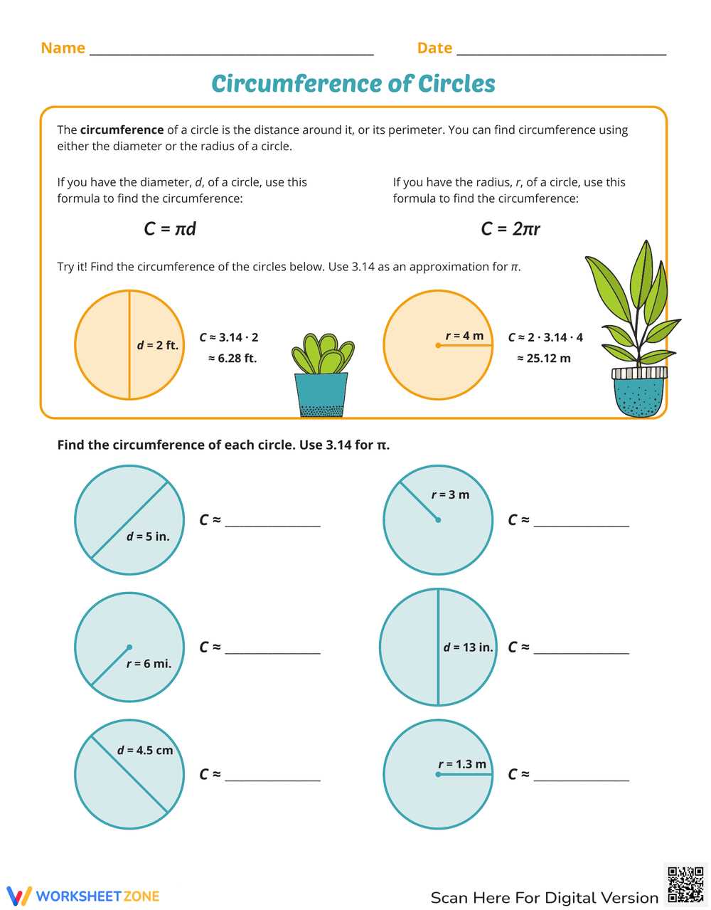 find the area and circumference of a circle worksheet