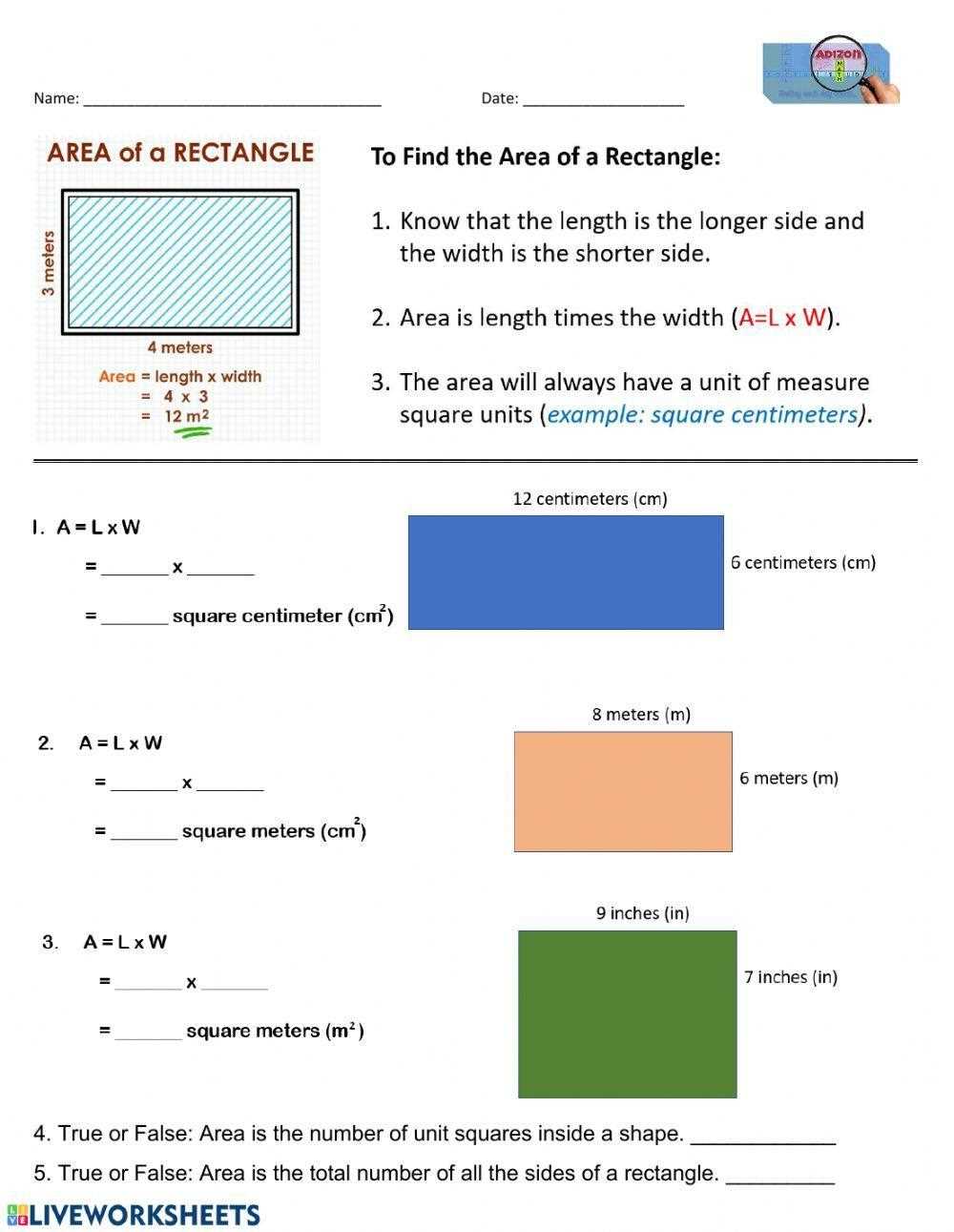find the area of each rectangle worksheet