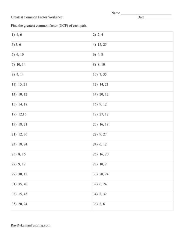 find the greatest common factor for each number pair worksheet