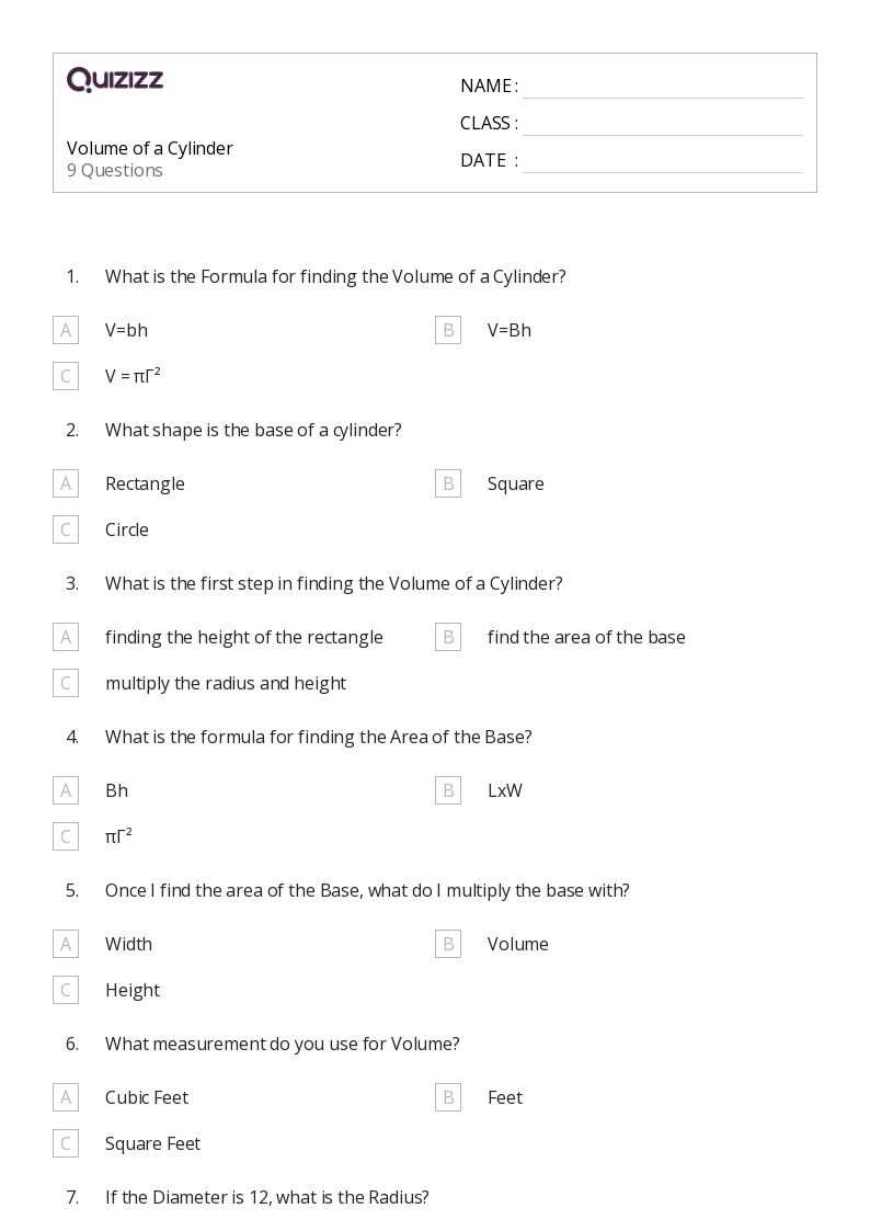 find the volume of each cylinder worksheet