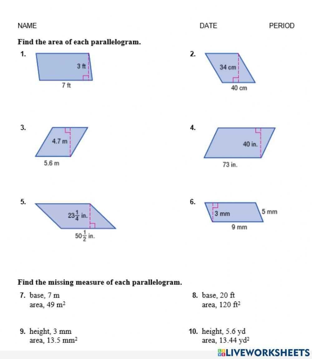 finding area of a parallelogram worksheet
