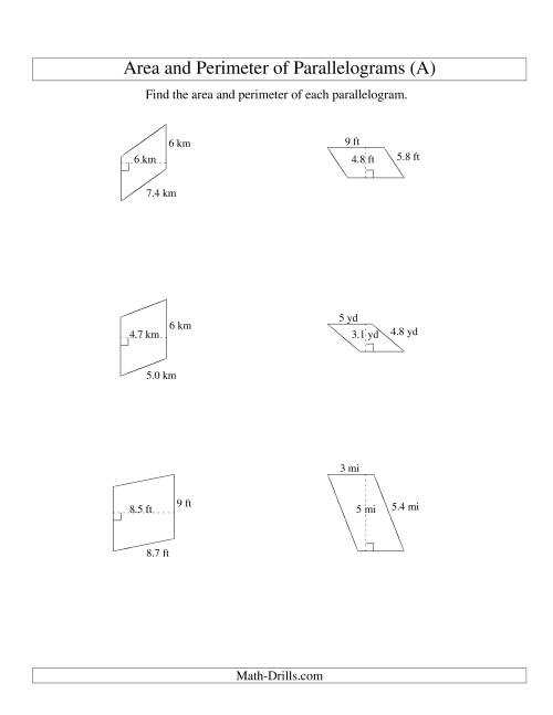 finding area of a parallelogram worksheet