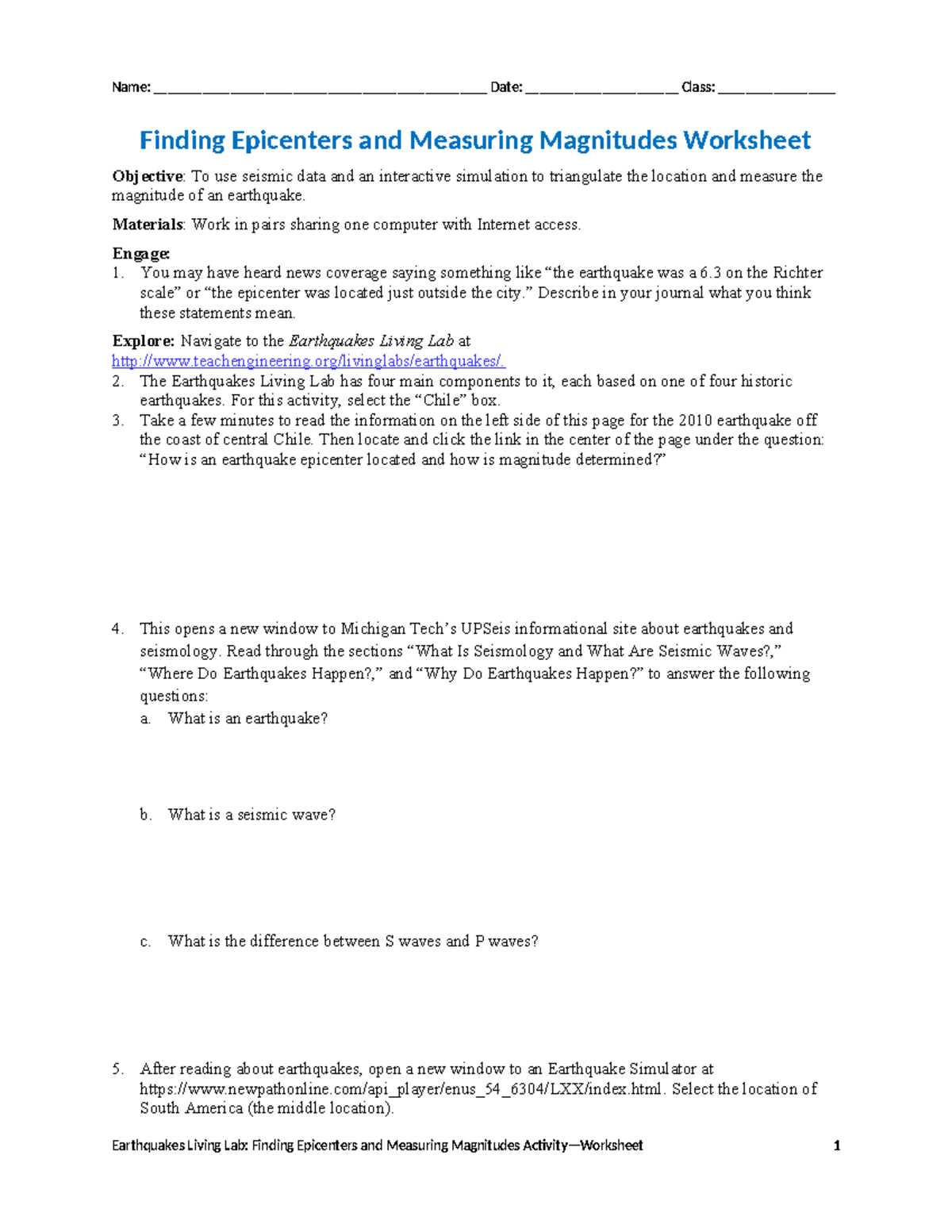 finding epicenters and measuring magnitudes worksheet