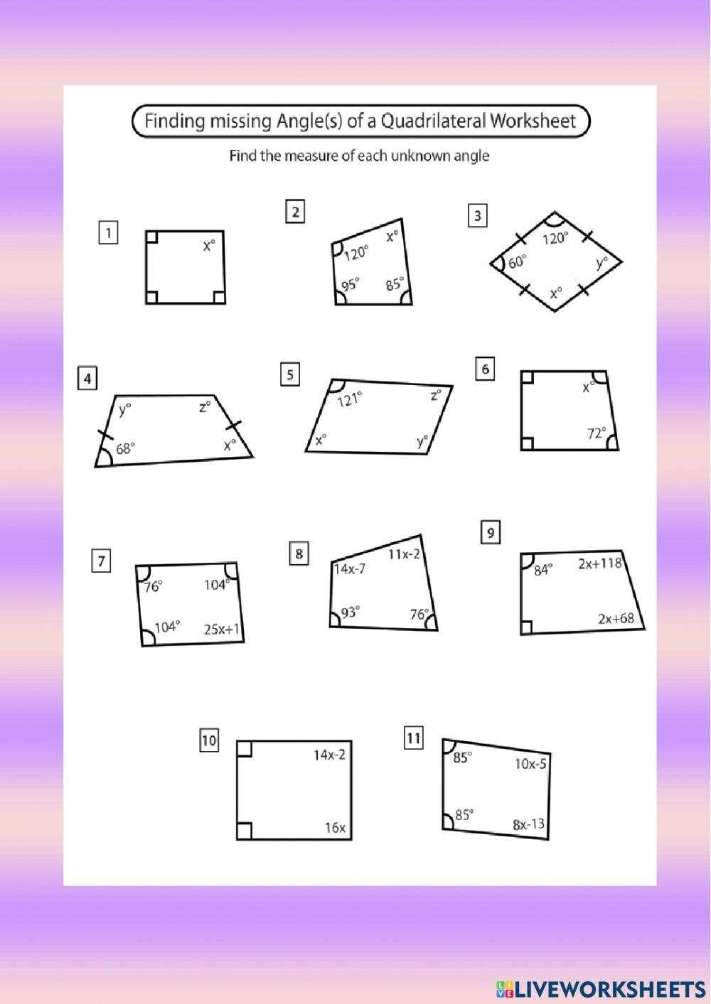 finding the missing angle of a quadrilateral worksheet