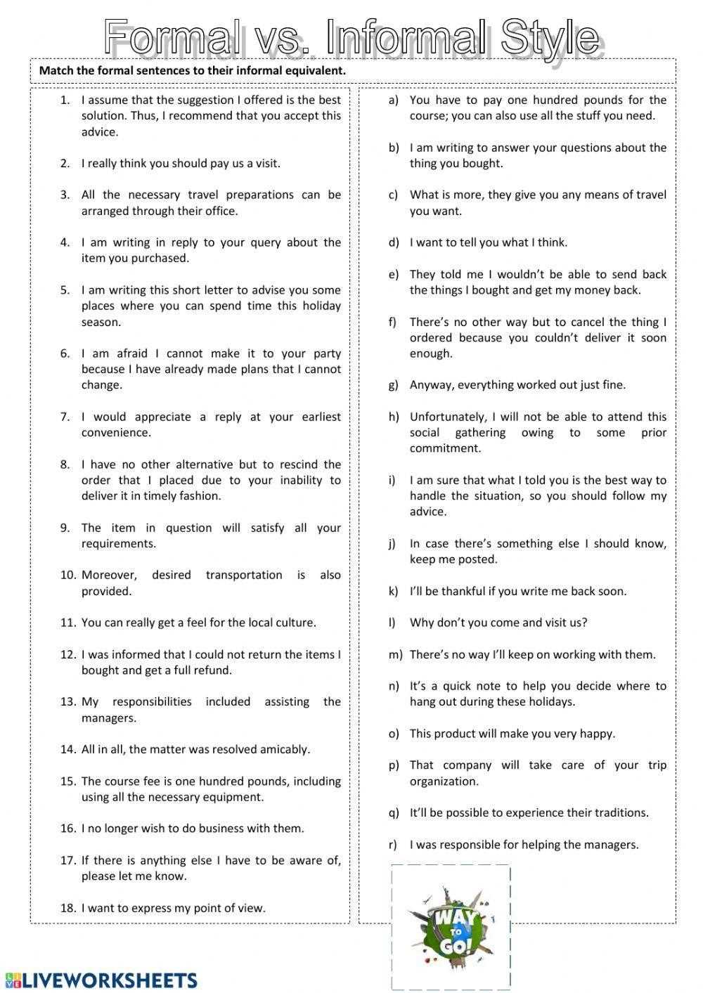 formal and informal english worksheets