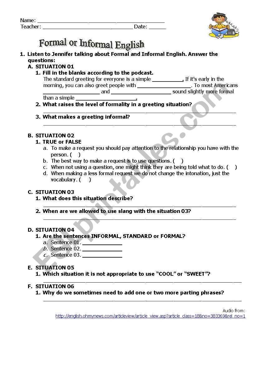 formal and informal english worksheets