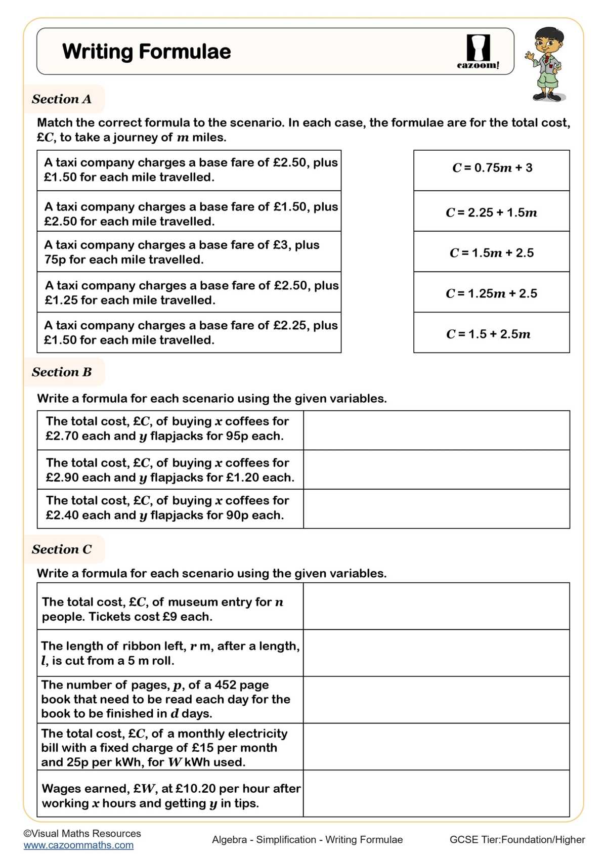 formulae worksheet