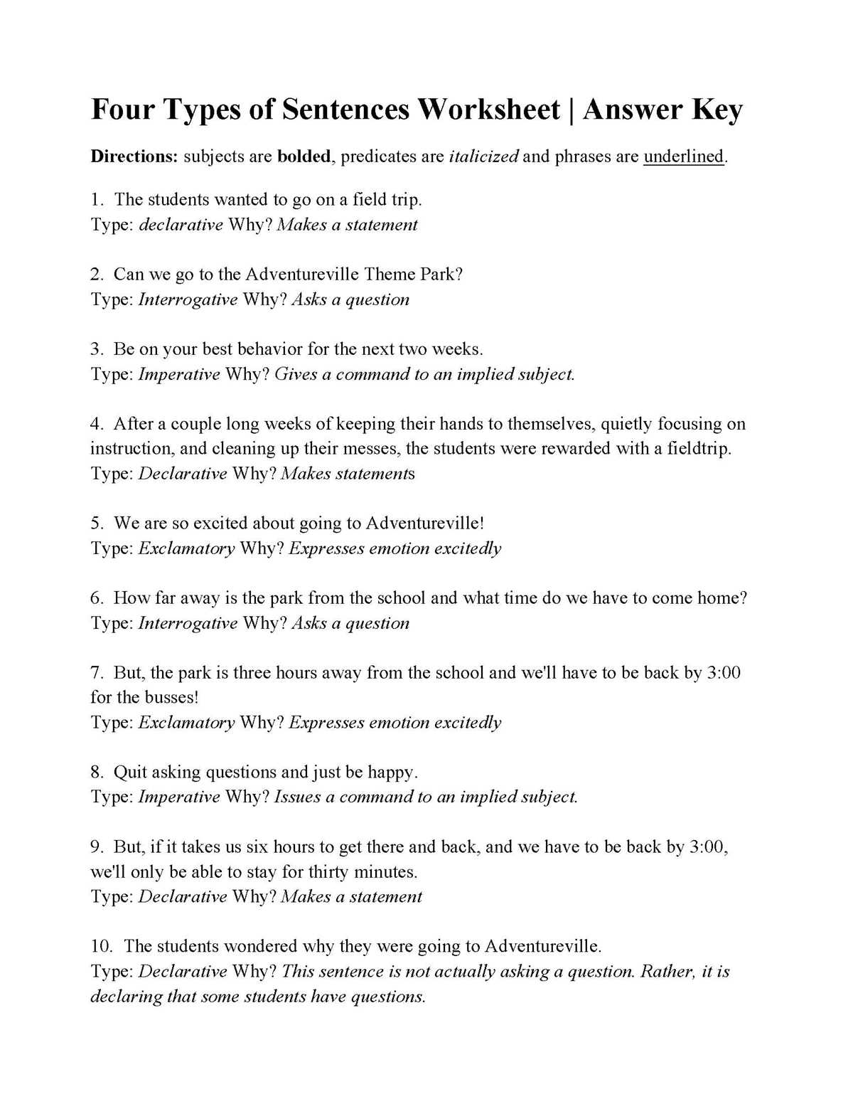 four types of sentences worksheet