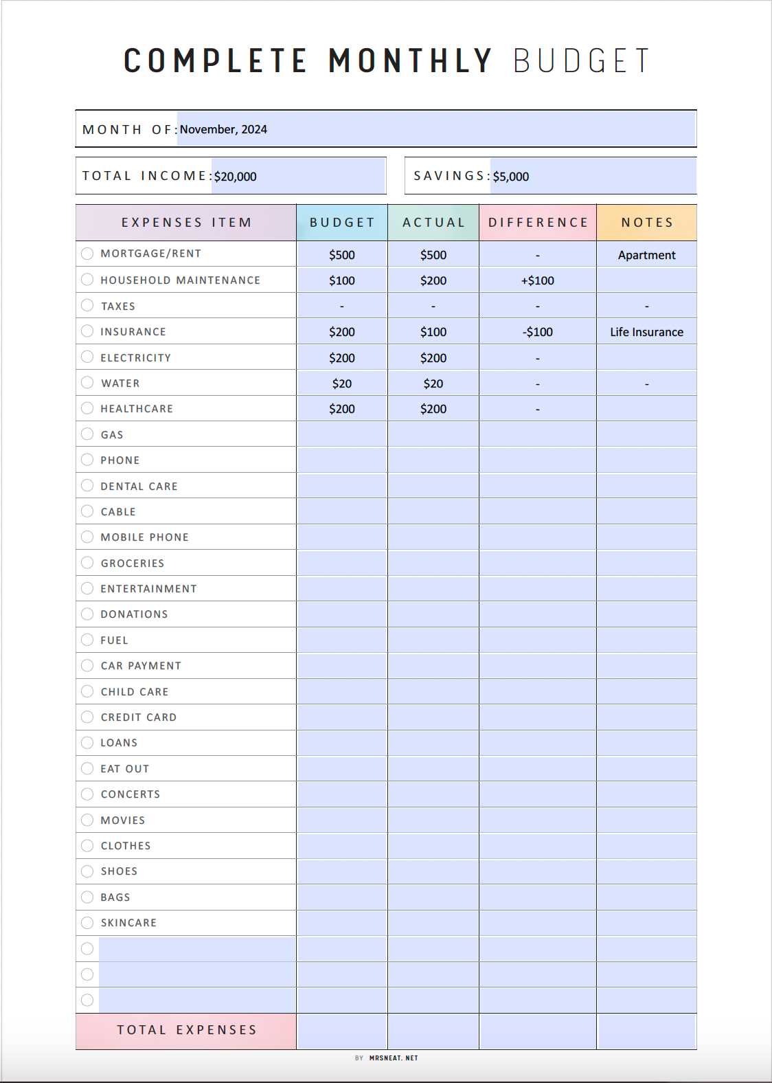 free monthly budget worksheet printable