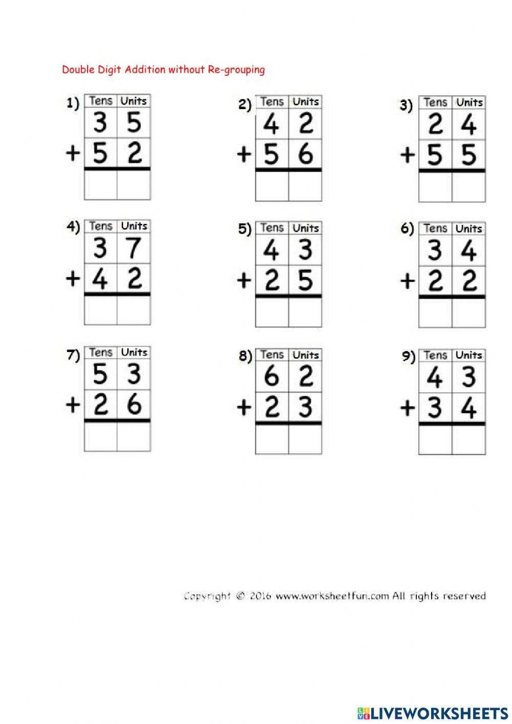 free two digit addition with regrouping worksheets