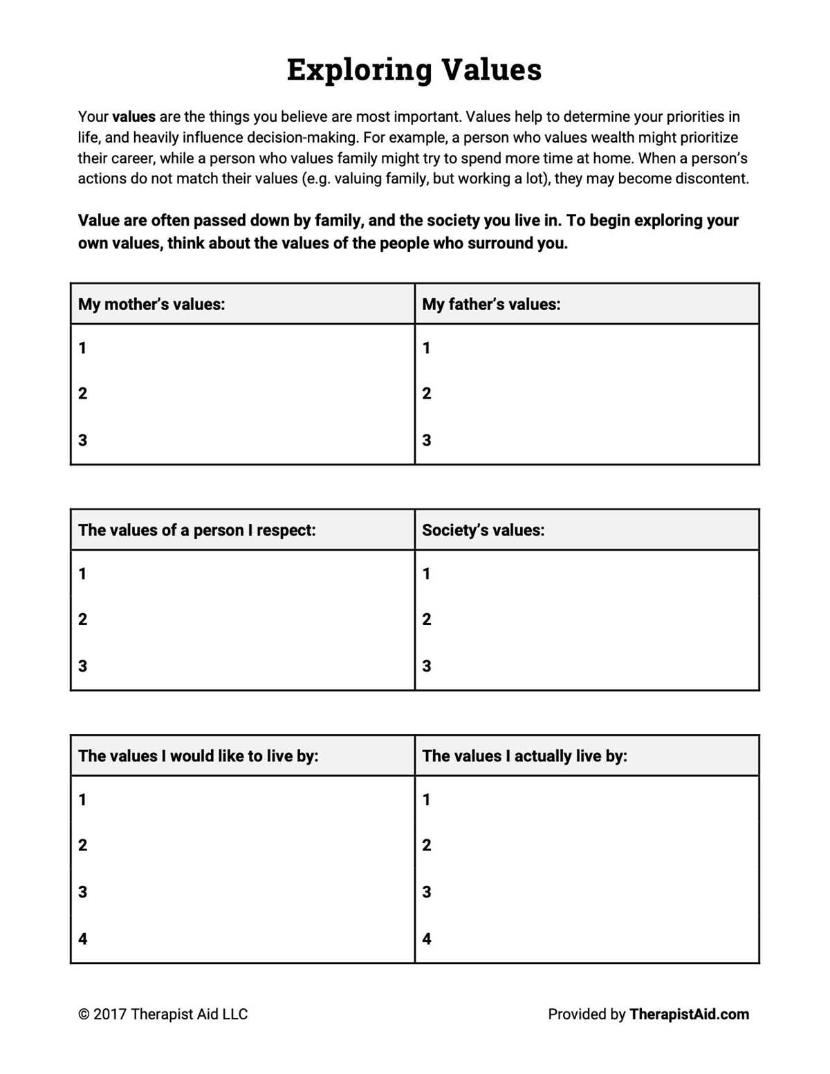 free worksheets for therapists