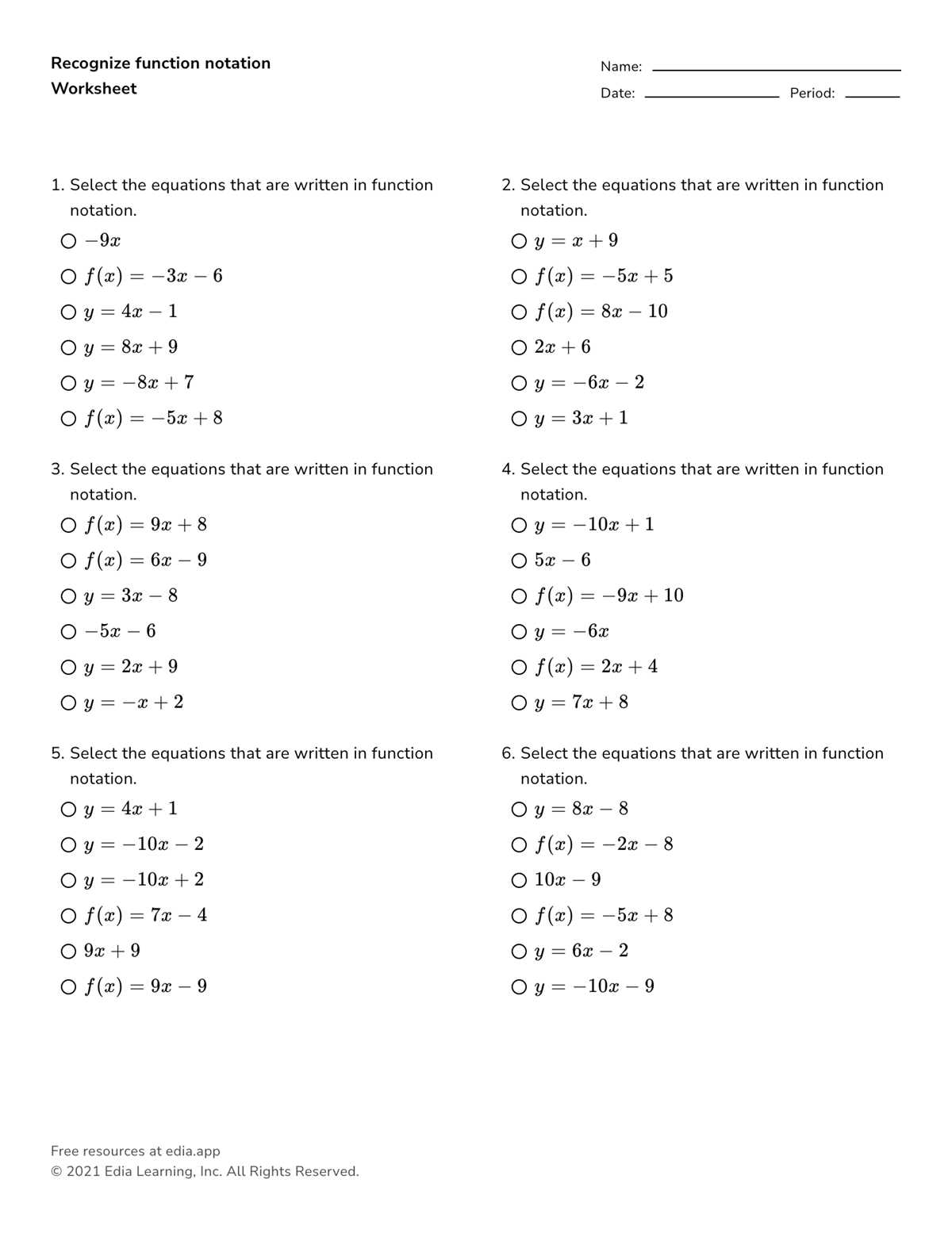function notation worksheet