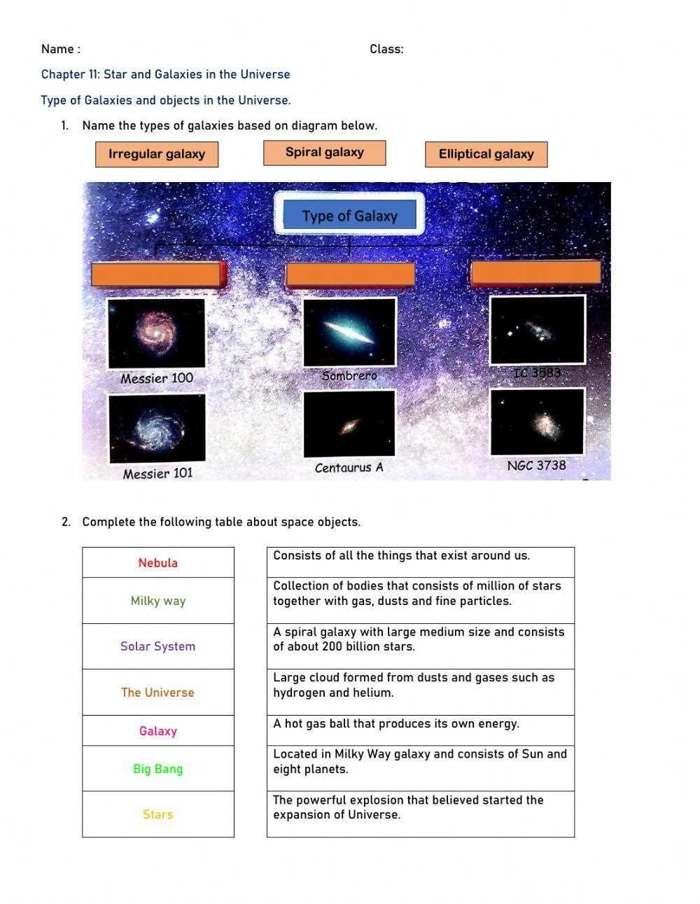 galaxy worksheet