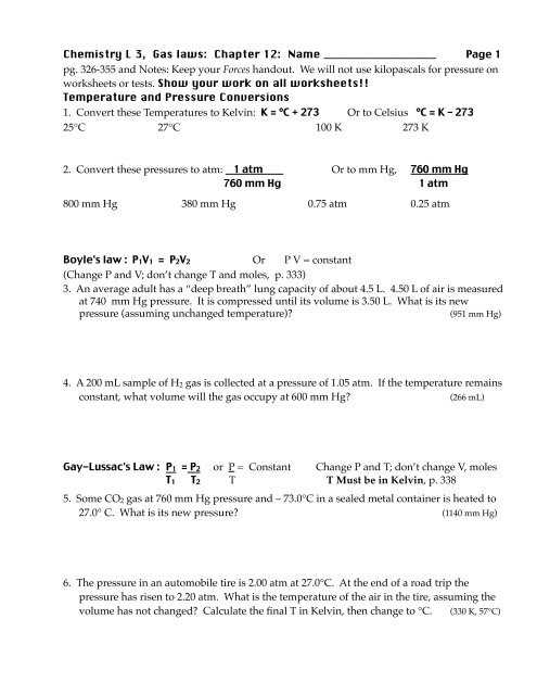 gas laws ideal gas law worksheet