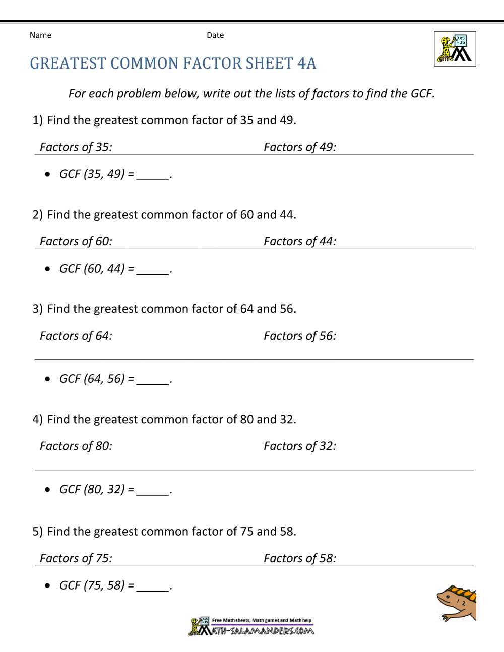 gcf worksheets grade 6