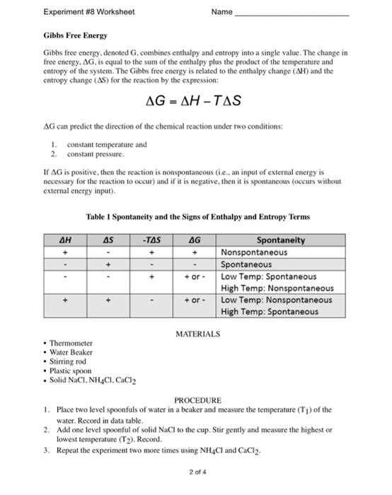 gibbs free energy worksheet