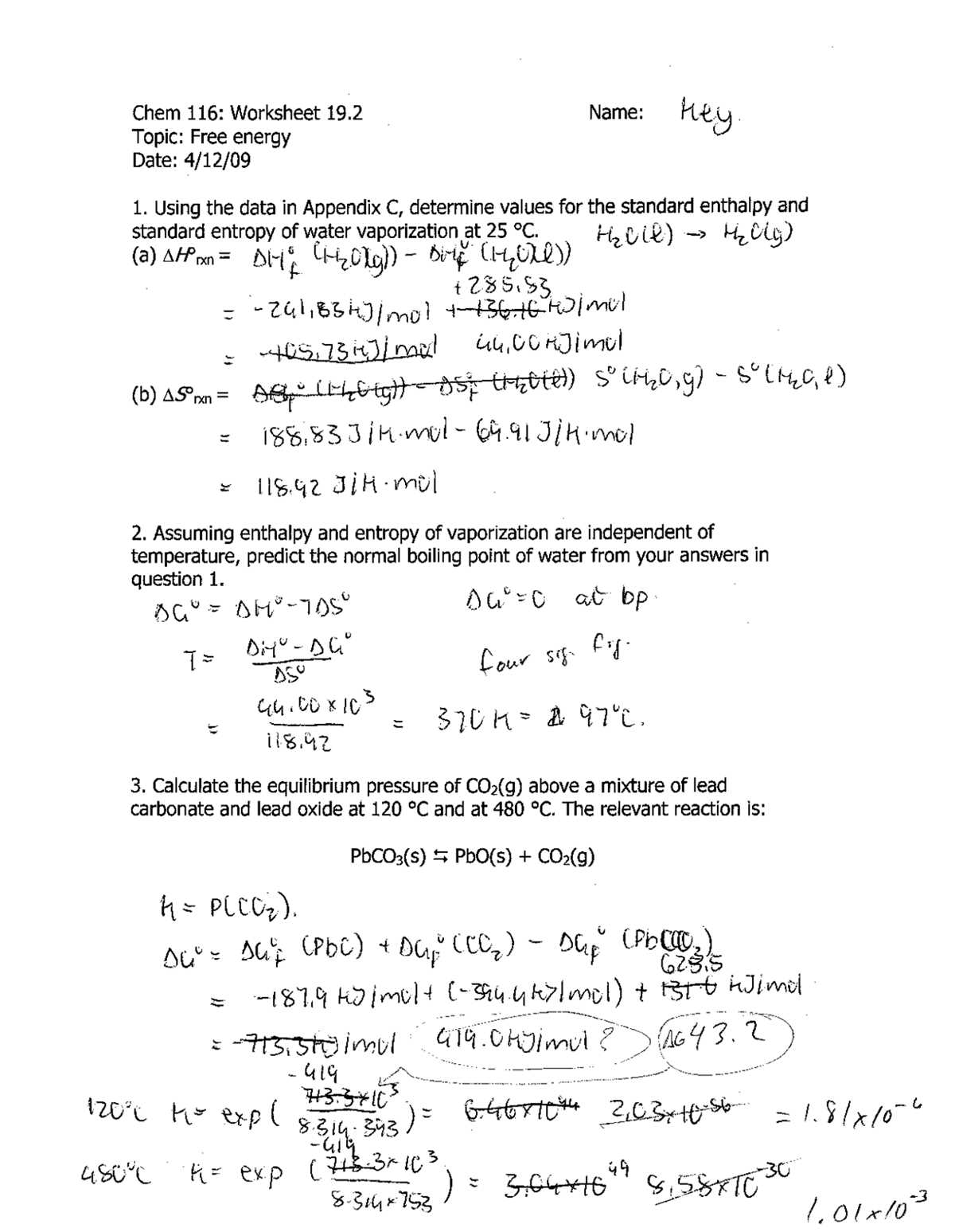 gibbs free energy worksheet